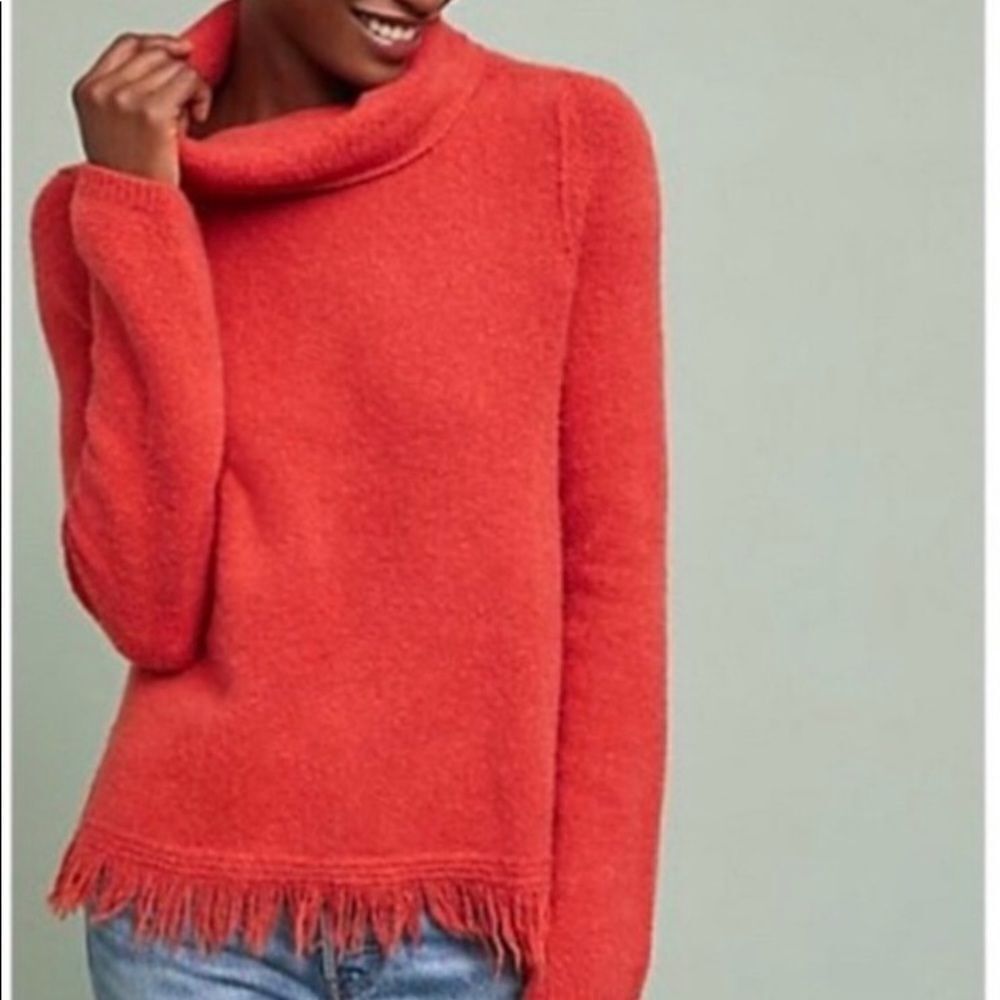 Akemi + Kin Anthropologie Aruna Fringe Sweater Coral Red Size M